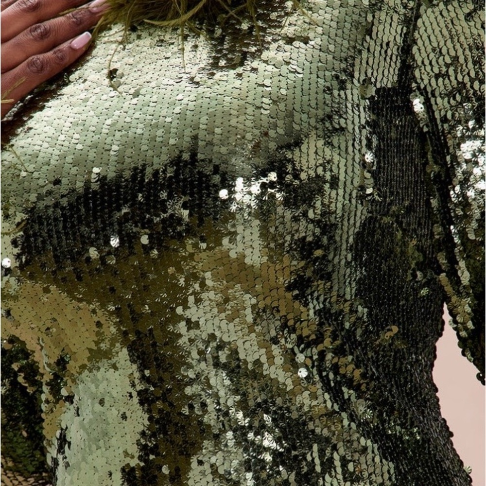Fashion Nova feathered sequins maxi dress -Olive - Picture 3 of 7